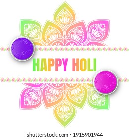 Color bowls with beautiful mandala on white background for Happy holi festival card design.