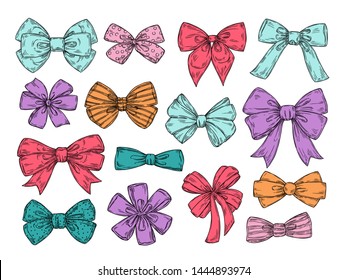 Color bows. Sketch fashion tie bow accessories hand drawn doodles tied ribbons. Retro isolated vector set. Illustration of tie bow, colored ribbon accessory to birthday and holiday