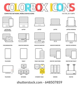 Color box icons, computers backgrounds and graphics. The illustration is colorful, flat, vector, pixel perfect, suitable for web and print. Linear stokes and fills.