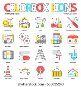 Color box icons, construction backgrounds and graphics. The illustration is colorful, flat, vector, pixel perfect, suitable for web and print. Linear stokes and fills.