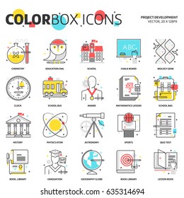 Color box icons, education icons, backgrounds and graphics. The illustration is colorful, flat, vector, pixel perfect, suitable for web and print. Linear stokes and fills.