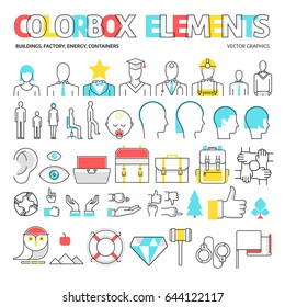 Color box icons, elements graphics. The illustration is colorful, flat, vector, pixel perfect, suitable for web and print. Linear stokes and fills.