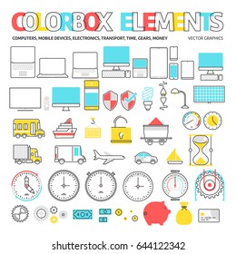 Color box icons, elements graphics. The illustration is colorful, flat, vector, pixel perfect, suitable for web and print. Linear stokes and fills.