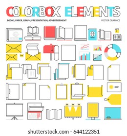 Color box icons, elements graphics. The illustration is colorful, flat, vector, pixel perfect, suitable for web and print. Linear stokes and fills.