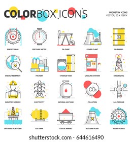 Color box icons, energy industry backgrounds and graphics. The illustration is colorful, flat, vector, pixel perfect, suitable for web and print. Linear stokes and fills.