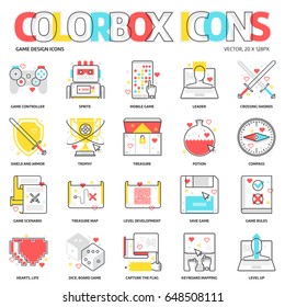 Color box icons, game development backgrounds and graphics. The illustration is colorful, flat, vector, pixel perfect, suitable for web and print. Linear stokes and fills.