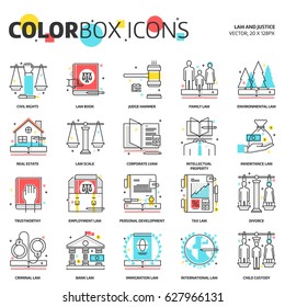 Iconos de cuadros de color, ilustraciones de ley, iconos, fondos y gráficos. La ilustración es colorida, plana, vectorial, perfecta en píxeles, adecuada para web e impresión. Tocos y rellenos lineales.