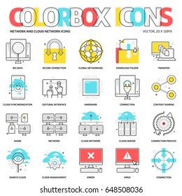 Color box icons, network backgrounds and graphics. The illustration is colorful, flat, vector, pixel perfect, suitable for web and print. Linear stokes and fills.