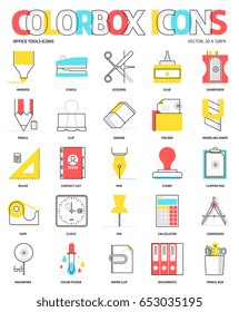 Color box icons, office tools backgrounds and graphics. The illustration is colorful, flat, vector, pixel perfect, suitable for web and print. Linear stokes and fills.