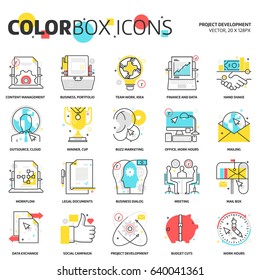 Color box icons, project development backgrounds and graphics. The illustration is colorful, flat, vector, pixel perfect, suitable for web and print. Linear stokes and fills.