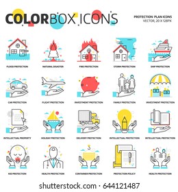 Color box icons, protection backgrounds and graphics. The illustration is colorful, flat, vector, pixel perfect, suitable for web and print. Linear stokes and fills.