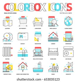 Color box icons, real estate backgrounds and graphics. The illustration is colorful, flat, vector, pixel perfect, suitable for web and print. Linear stokes and fills.