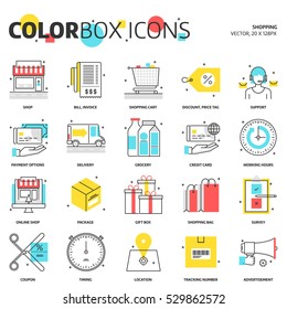 Color box icons, shopping concept illustrations, icons, backgrounds and graphics. The illustration is colorful, flat, vector, pixel perfect, suitable for web and print. It is linear stokes and fills.