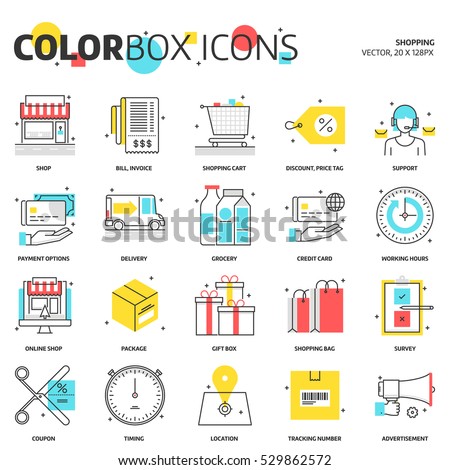 Color box icons, shopping concept illustrations, icons, backgrounds and graphics. The illustration is colorful, flat, vector, pixel perfect, suitable for web and print. It is linear stokes and fills.