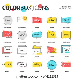 Color box icons, speech bubble, banner  graphics. The illustration is colorful, flat, vector, pixel perfect, suitable for web and print. Linear stokes and fills.