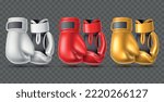 Color boxing gloves. Realistic professional accessories, fighting sport element, different colors gloves, white, red and gold leather, protection equipment 3d isolated objects utter vector set