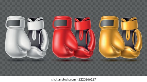 Color boxing gloves. Realistic professional accessories, fighting sport element, different colors gloves, white, red and gold leather, protection equipment 3d isolated objects utter vector set