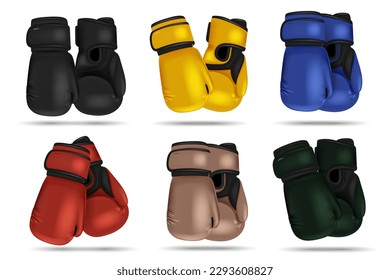 Guantes de boxeo en color. Equipamiento profesional deportivo para boxeadores de boxeo decente. Accesorios profesionales realistas. 3 d objetos aislados conjunto de vectores absolutos