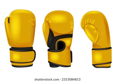 Color boxing gloves. Sport professional equipment for punch boxers decent. Realistic professional accessories. 3d isolated objects utter vector set