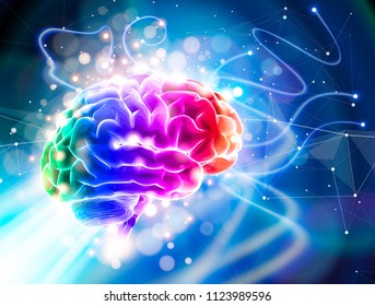 Color brain on a blue technological background surrounded by information fields, neural networks, Internet webs - the concept of modern technology, biotechnology, artificial intelligence / vector draw