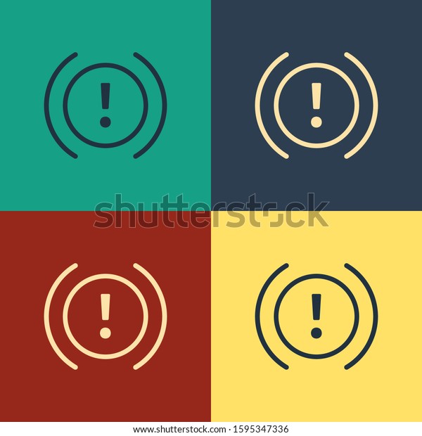 Color Brake system warning icon\
isolated on color background. Exclamation mark in the car.\
Dashboard attention sign. Vintage style drawing. Vector\
Illustration