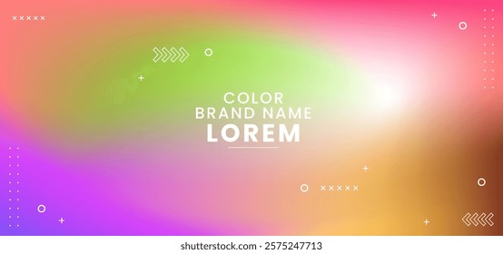 Color brand name lorem. The background is colorful and has a lot of shapes. The text is white