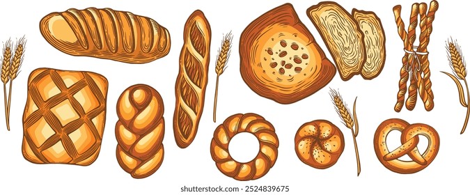 Pan de color sobre un Vector de fondo blanco. Boceto. Productos de panadería - pan de trigo entero, pan en rodajas, palitos de pan, bagel, baguette francés, bollo, pan, pretzel, coleta, tabla de cortar