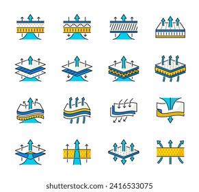 Atemberaubende Farbsymbole. Unterbekleidung atmungsaktive Textil-Stack, Matratze Feuchtigkeit absorbierende Faserschicht oder hygienisch wasserbeständige Materialstruktur Umriss Vektorsymbol. Piktogramm für wasserdichte Gewebe