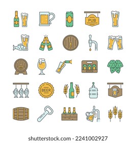 Farbige Brauereisymbole gesetzt. Sammlung von grafischen Elementen für die Website. Bier und alkoholische Getränke. Fass, Flasche und Brille, Hopfen. Cartoon-FlachVektorgrafiken einzeln auf weißem Hintergrund