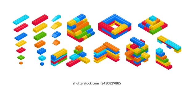 Conjunto de juguetes de construcción de bloques de ladrillos de color aislado sobre fondo blanco. Ilustración vectorial de elementos de juego de educación