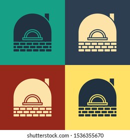 Color Brick stove icon isolated on color background. Brick fireplace, masonry stove, stone oven icon.Vintage style drawing. Vector Illustration