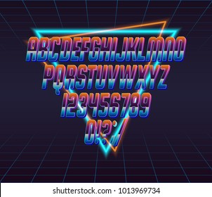 Color, bright font in the old style. Vector, vintage alphabet. Style 80 s, 90 s retro posters. Color gradient.