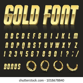 Color, bright font in the old style. Vector, vintage alphabet. Style 80 s, 90 s retro posters. Color gradient. Gold font.