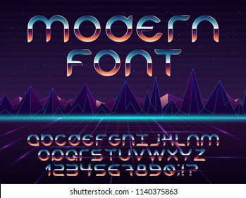 Color, bright font in the old style. Vector, vintage alphabet. Style 80 s, 90 s retro posters. Color gradient. 
Futuristic style. 