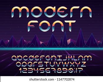 Color, bright font in the old style. Vector, vintage alphabet. Style 80 s, 90 s retro posters. Color gradient. 
Futuristic style. 