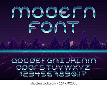 Color, bright font in the old style. Vector, vintage alphabet. Style 80 s, 90 s retro posters. Color gradient. 
Futuristic style. 