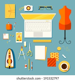 Color bright illustration concept of creative workspace, workplace of designer clothes, seamstress, tailor, cutter with accessories and different objects. 