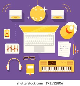 Color bright illustration concept of creative workspace, workplace of musician with accessories and different objects. 