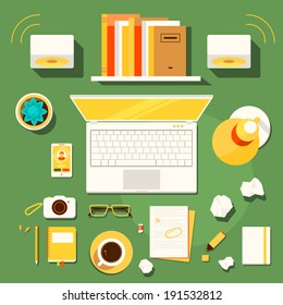 Color bright illustration concept of creative workspace, workplace of writer, blogger with accessories and different objects . 