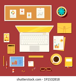 Color bright illustration concept of creative workspace, workplace of accountant, economist, office worker, businessman, manager with accessories and different objects. 