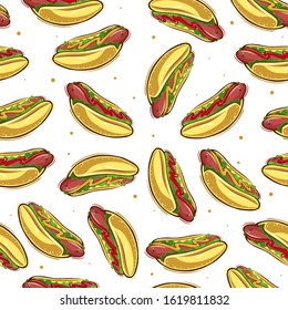 Color and bright seamless pattern with hot dogs. Vector graphics.