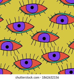 Color, bright, seamless pattern with the image of the eye. A hand-drawn drawing in a cartoon style. Fabric decor and Wallpaper.