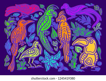 Color bright vector background with birds Paradise tropical flowers, plant Cute parrot, toucan, cockatoo in sketch style Summer illustration for cartoon kids book, textile illustration, nature print 
