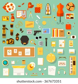 Color bright vector flat illustration of creative workplace of designer clothes, housewife, policeman, photographer, office worker, writer, musician with accessories and different objects.