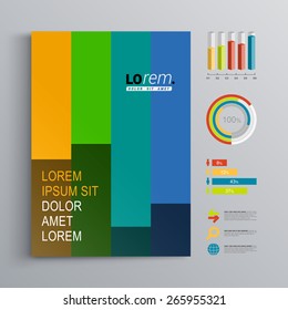 Color brochure template design with vertical square shapes. Cover layout and infographics