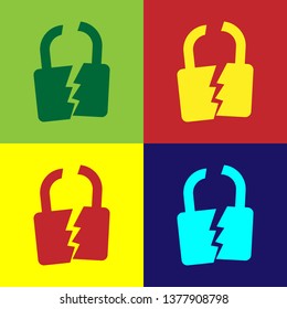Color Broken or cracked lock icon isolated on color backgrounds. Unlock sign. Vector Illustration