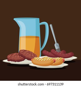 color brown scene with glass jar with orange juice and barbecue food