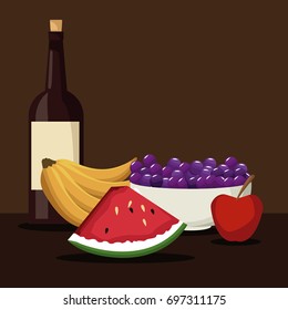 color brown scene with wine bottle and set fruits