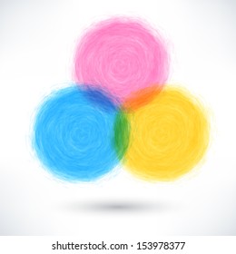 Color brush stroke in the form of a circle with drop black shadow. Drawing created in ink sketch handmade technique. Abstract colorful textured shapes. Vector illustration design element 10 eps 