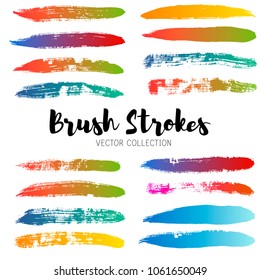 color brush strokes set background. Paint line gradient grunge collection. Set of grungy hand painted brush strokes isolated on white. Abstract ink texture, design elements borders or frames.